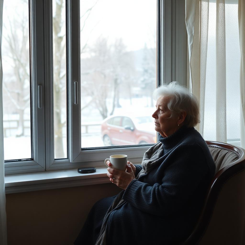 Eldre kvinne sitter ved et vindu med tekopp og ser ut på vinterlandskap — illustrerer ro og refleksjon ved uskifte
