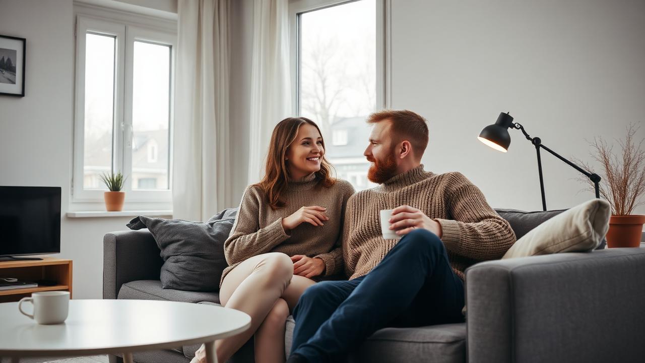 Samboerpar i moderne norsk stue går gjennom arvedokumenter sammen i sofaen