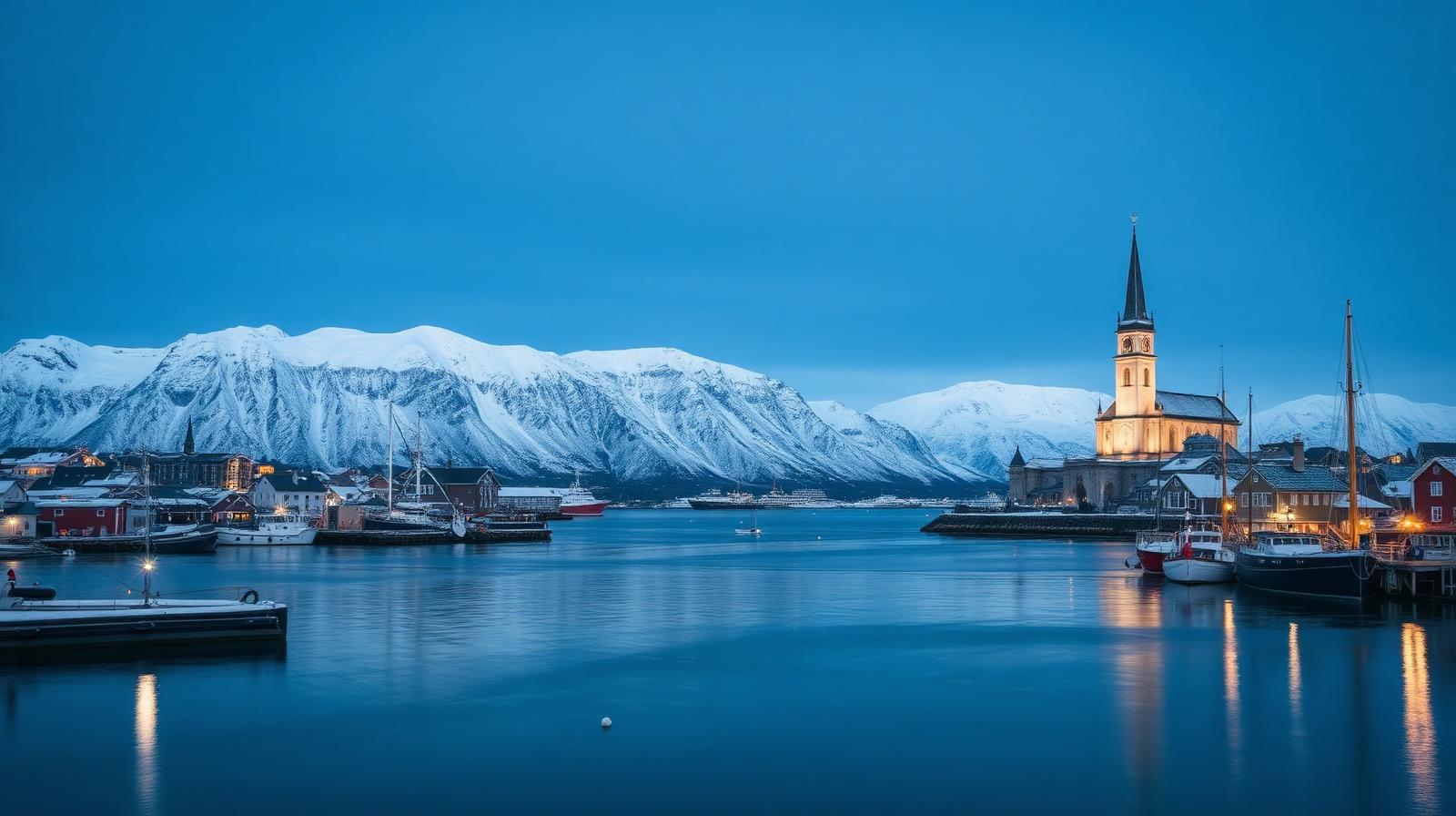 Arverettsadvokat Troms – Tromsø havn med katedral og snøkledde fjell