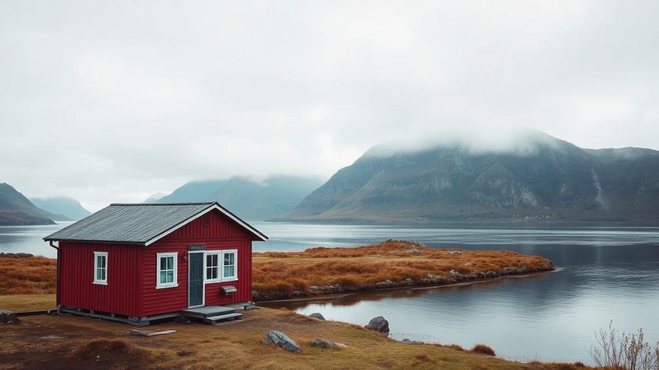 Tre generasjoner på verandaen til en norsk hytte ved fjorden under nøkkeloverlevering