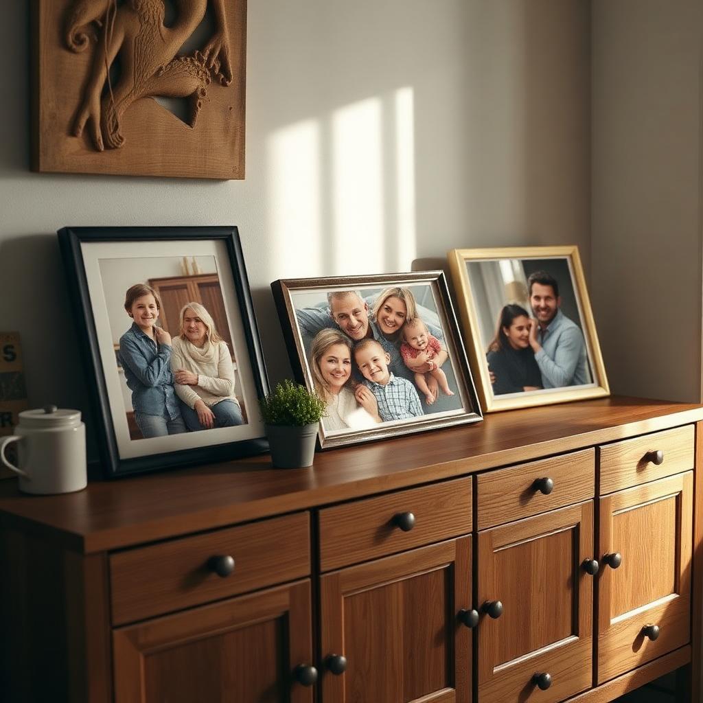Familiefotografier i ramme på en kommode i et nordisk hjem — illustrerer pliktdelsarv til livsarvinger