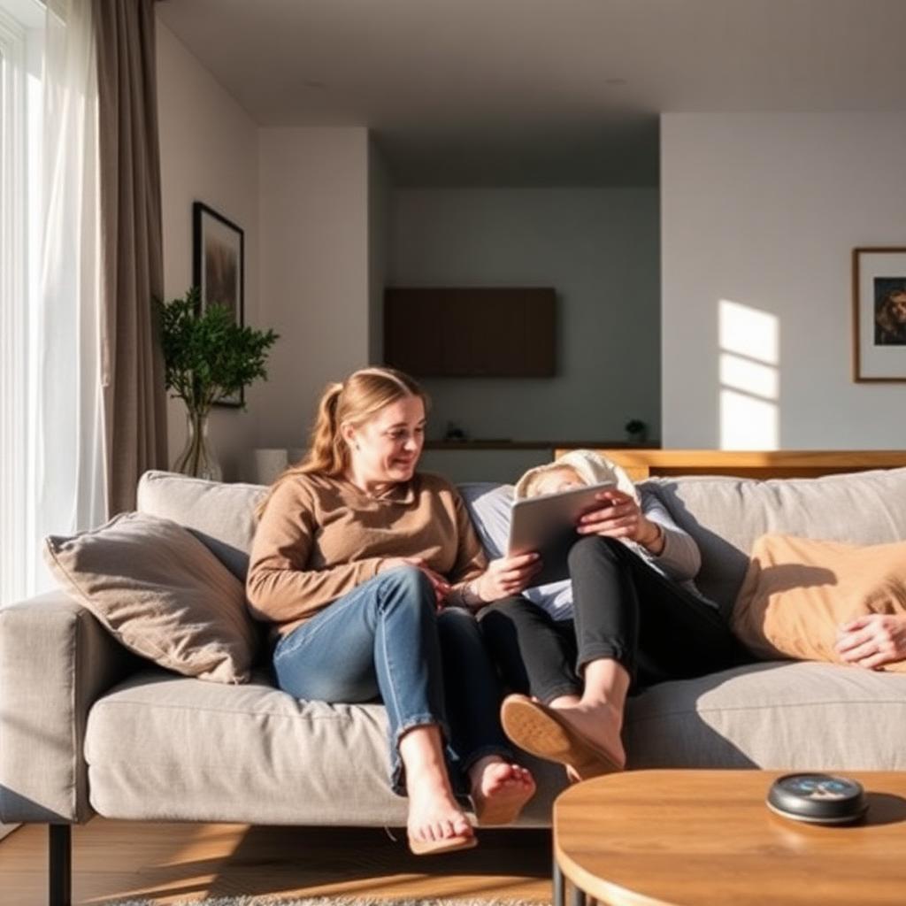 Norsk samboerpar i 40-årene sitter sammen på sofaen i en moderne leilighet — illustrerer behovet for samboertestament